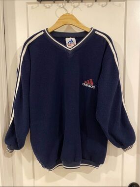 Vintage Adidas Navy V-Neck Fleece Sweater with White Stripes and Red Logo